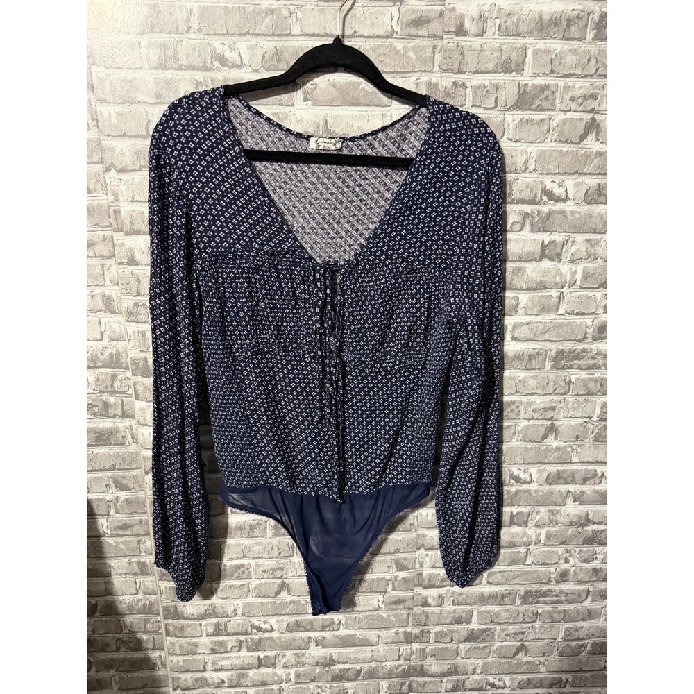 Free People Intimately Blue Geometric Print Tie Front Long Sleeve Bodysuit XL